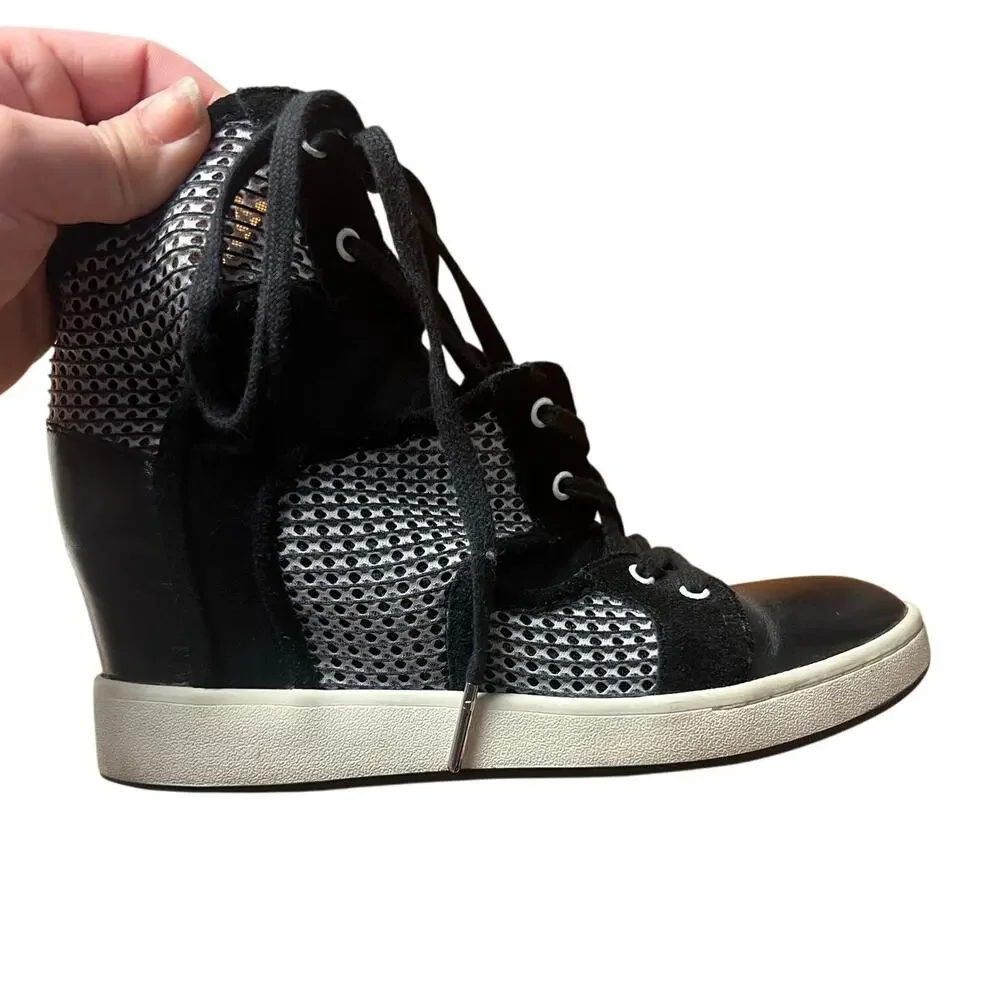 L.A.M.B. Black Leather Mesh Lace Up Wedge Sneakers Size 7